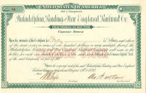 Philadelphia, Reading and New England Railroad Co. - Railway Fractional Common Stock Certificate